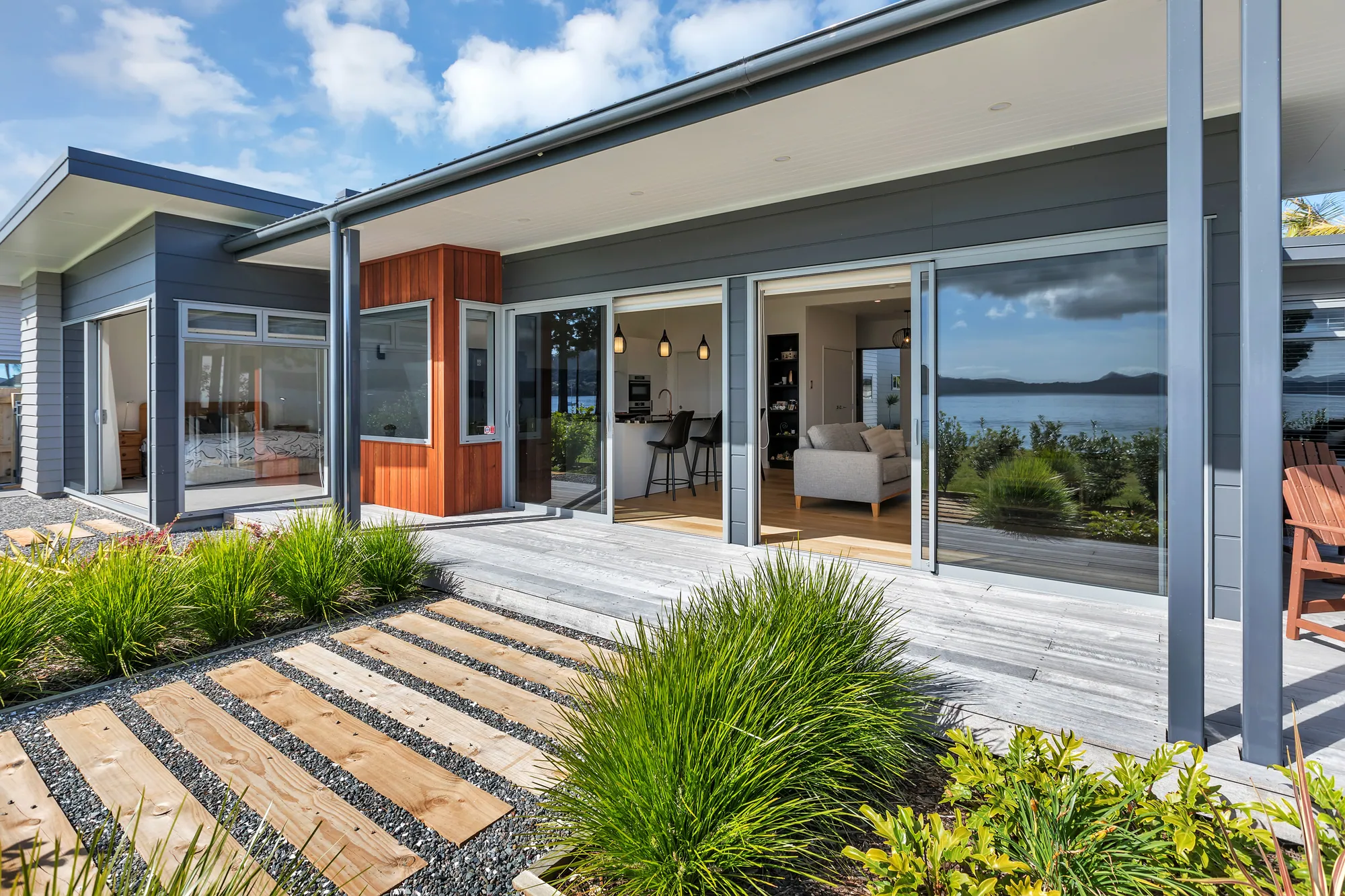 Covered deck and outdoor living looking out to the water, Northland